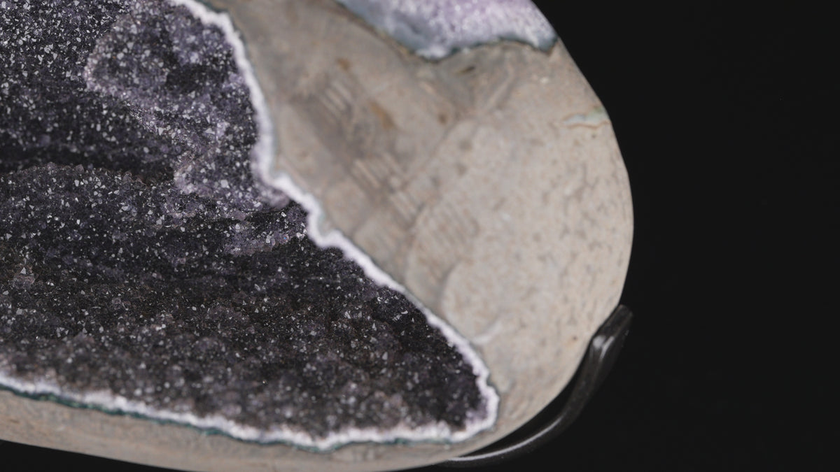 ,,Schwarzer'' Amethyst Druse auf Stand mit Funkelnde Höhle