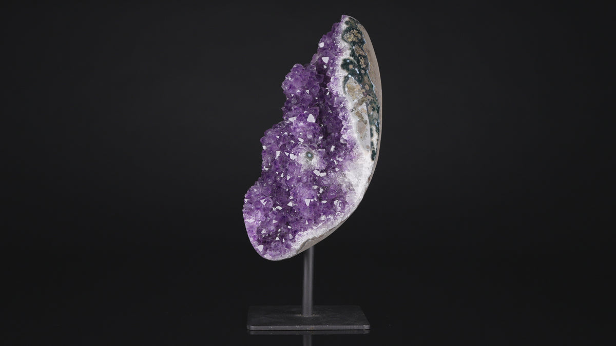 Amethyst geode with stalactite flower on stand